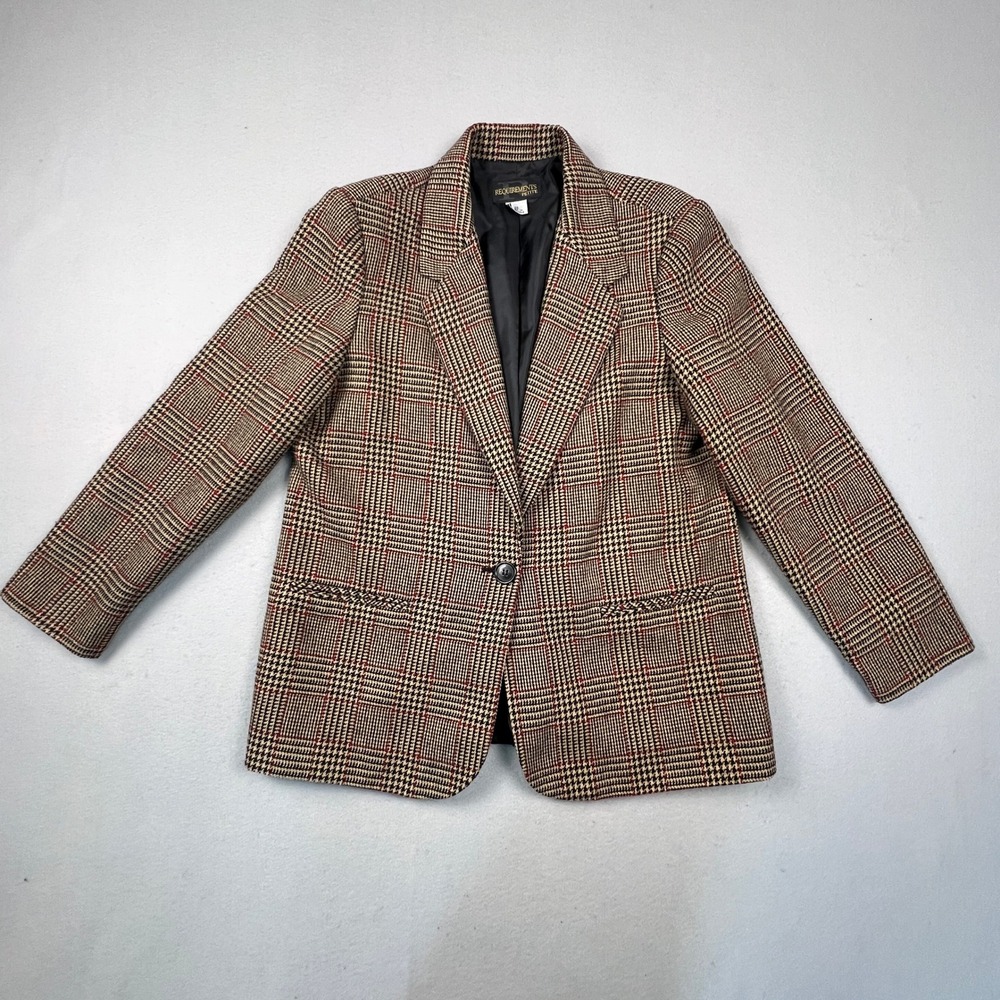 VTG 90s Preppy Dark Academia Blazer Women 14P Glen Plaid Wool Blend Business
